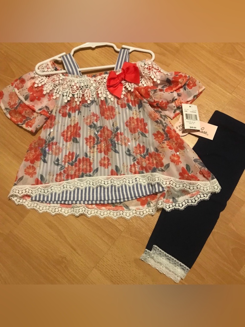 NWT  2T Little lass stripes set Floral Lace-Trim Tunic with Navy Leggings